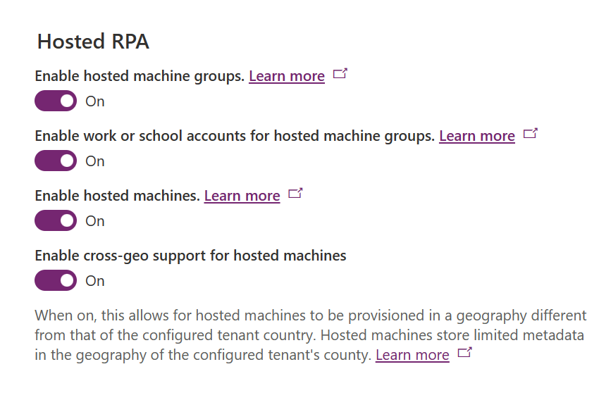 Screenshot der Option „Geografische Unterstützung für gehostete Computer im Power Platform Admin Center aktivieren“